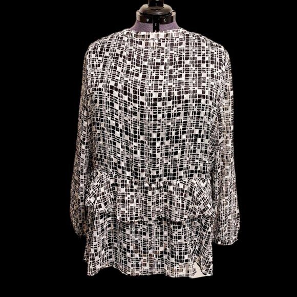 CHICO’S WOMENS SHEER PEPLUM RUFFLE BLOUSE BLACK WHITE GOLD METALLIC SZ 20 - Picture 6 of 10